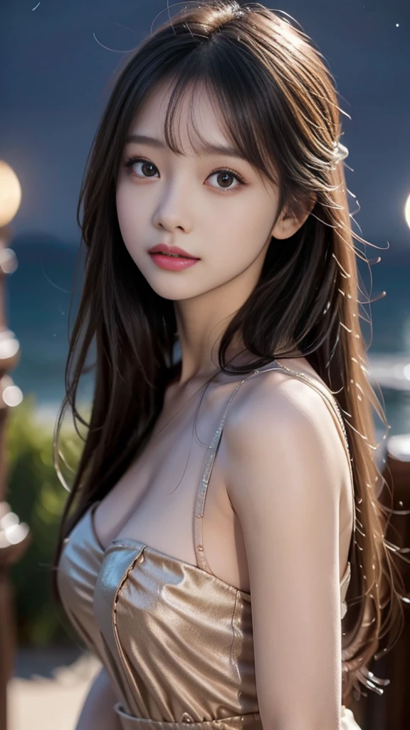 full hd 8k, Girl standing in front of a dark night scene, full moonlight reflecting on her beautiful face. Her long, silky hair was gently blown by the night wind, creating a gentle and romantic feeling. She is walking on a large beach. She looked up at the starry sky, as if searching for something, her eyes showing a pensive and lonely look. The full moon shines in the night sky creating a beautiful scene. The girl has long, strands of hair,  Light blonde hair, a luxurious and noble beauty. The moonlight shines on the girl's delicate face, highlighting her large, round light brown eyes, creating a natural, gentle beauty. She wore a mini dress to create a sexy beauty. These images capture detailed panoramic portraits and views of the sky and sea. All create a beautiful, wonderful picture that makes people unable to take their eyes off the scene. All of these details are depicted clearly and sharply, creating sexyly poses,