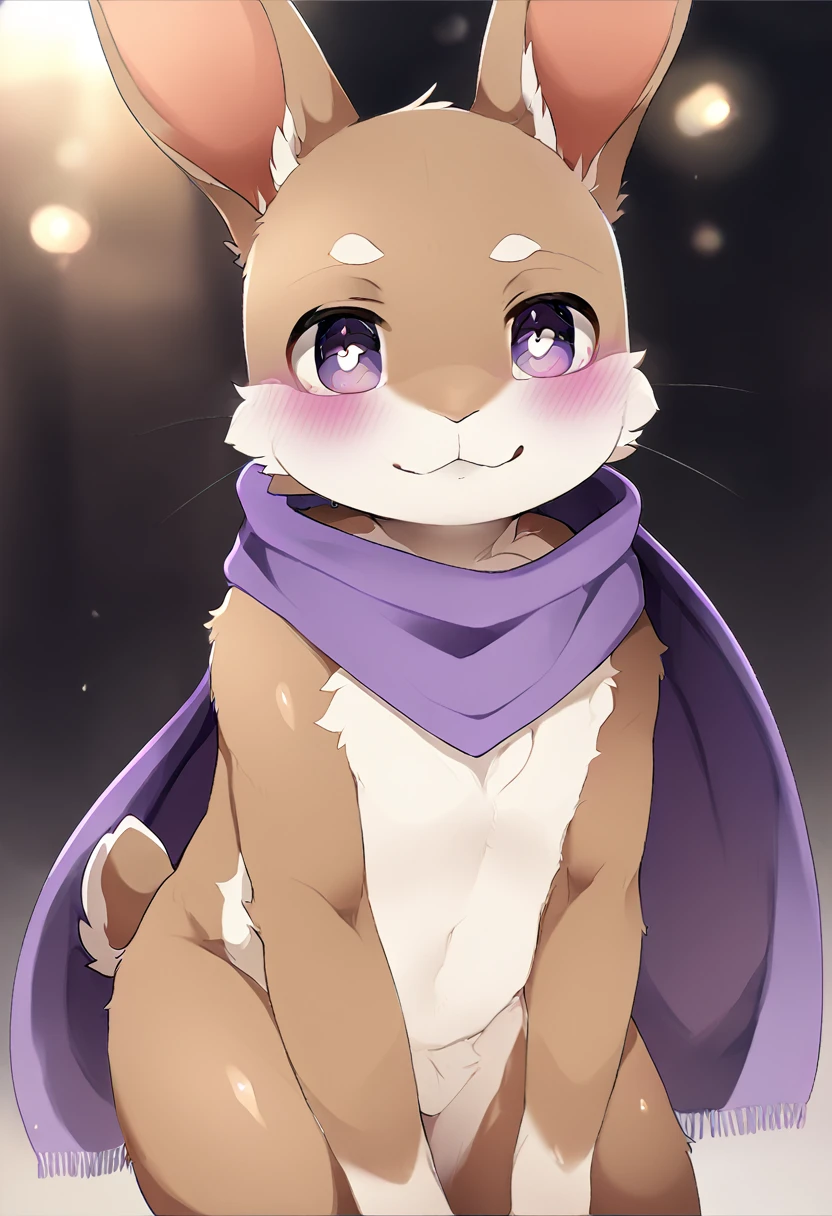 A male rabbit have fur light brown with purple colour eyes, naked with wear a Purple scarf 