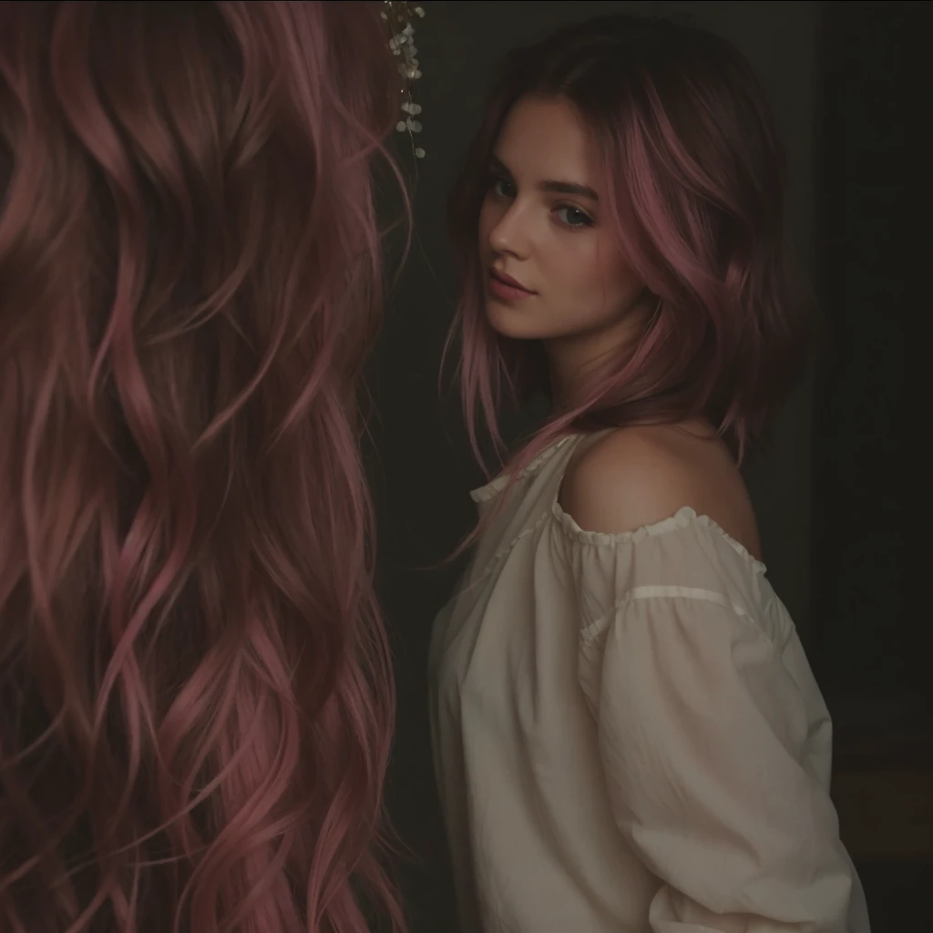 (())), 25-year-old Caucasian French girl with shoulder-length messy pink hair, adorned with , hair l . Captured in the best quality, this illustration serves as a 4K wallpaper,