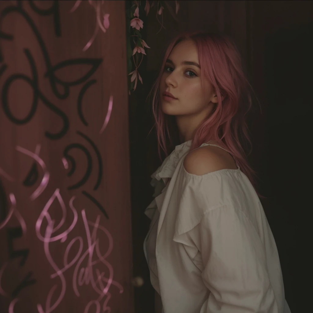 (())), 25-year-old Caucasian French girl with shoulder-length messy pink hair, adorned with ,  hair l . Captured in the best quality, this illustration serves as a 4K wallpaper,