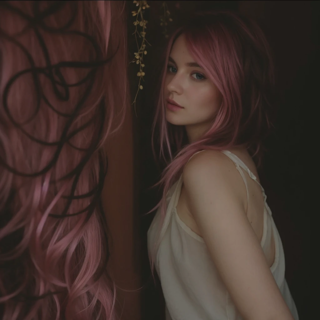 (())), 25-year-old Caucasian French girl with shoulder-length messy pink hair, adorned with ,  hair l . Captured in the best quality, this illustration serves as a 4K wallpaper,