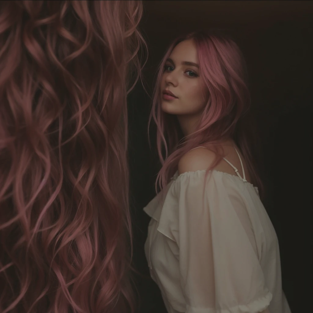 (())), 25-year-old Caucasian French girl with shoulder-length messy pink hair, adorned with ,  hair l . Captured in the best quality, this illustration serves as a 4K wallpaper,