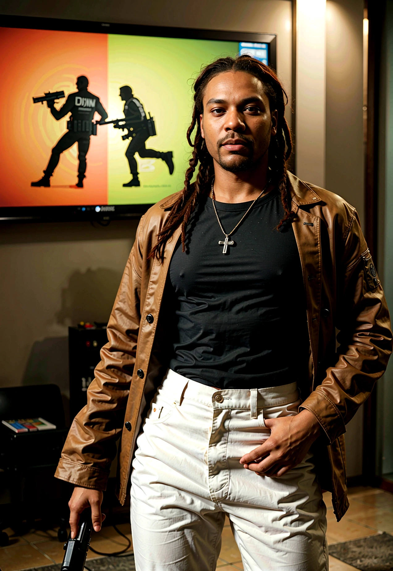 A tall black man with red dreadlocks and a red beard, from a gang, stands with a gun in his hand, gta 5 game style