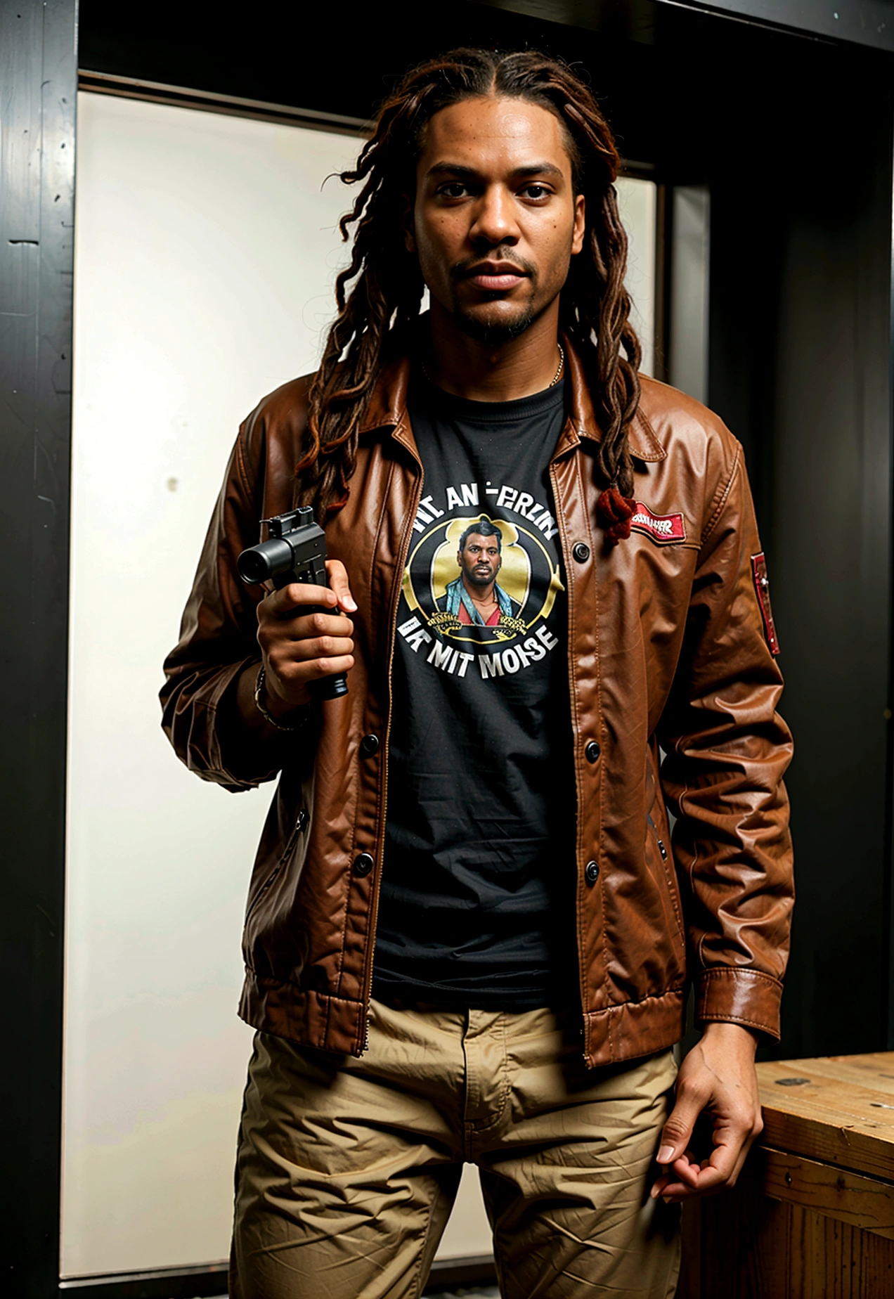 A tall black man with red dreadlocks and a red beard, from a gang, stands with a gun in his hand, gta 5 game style