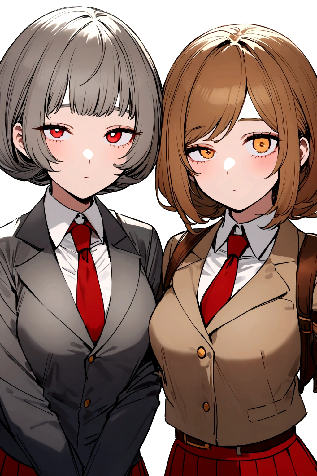 Girls in the style of My hero academia chicha with light brown broken hair and a right strand of golden rose color,medium large eyes, with a flirtatious and challenging look, Left eye color brown and right eye color golden rose, UA uniform gray jacket, white shirt red tie and short gray skirt, tableada , view from front