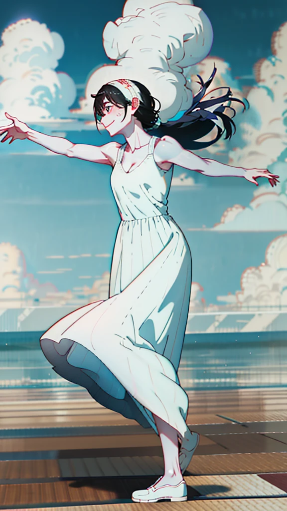 masterpiece, Highest quality, High Definition, High Resolution, single, alone, blue sky、Cumulonimbus、profile、Long Hair、Black Hair、fatigue、smile、Smile、Bitter smile、Small beautiful breasts、Uplifting、White Dress、Dancing、Cleavage, Bouncing、Sweaty, Dance、drenched,Dynamic Posing、 Drops running down my feet, Extra inseam, Three-dimensional feeling of body parts, Realistic skin texture, White skin, Drizzling
