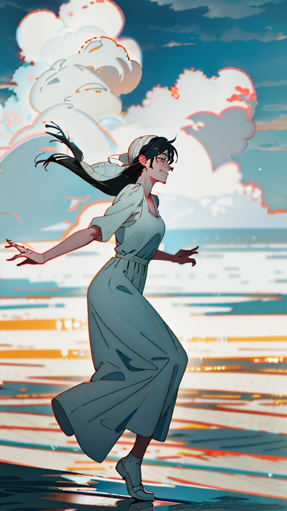 masterpiece, Highest quality, High Definition, High Resolution, single, alone, blue sky、Cumulonimbus、profile、Long Hair、Black Hair、fatigue、smile、Smile、Bitter smile、Small beautiful breasts、Uplifting、White Dress、Dancing、Cleavage, Bouncing、Sweaty, Dance、drenched,Dynamic Posing、 Drops running down my feet, Extra inseam, Three-dimensional feeling of body parts, Realistic skin texture, White skin, Drizzling