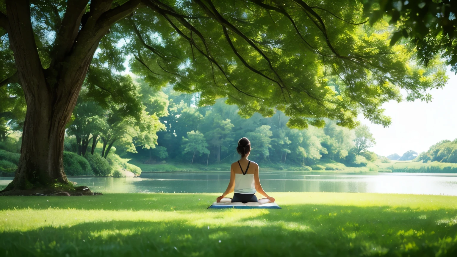 A serene meditation scene with an individual in a yoga pose on lush green grass, soft sunlight filtering through, and calm water in the background, conveying tranquility and mindfulness.