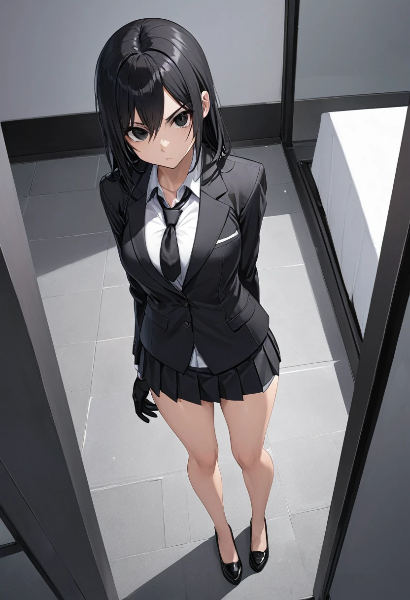 Black miniskirt ,shoes, dress shirt , pleated skirt , black long tie , assassin , whole body ,business attire , Black gloves , shorts blazer , bare legs , black hair , black eyes , shot , thighs , whole body , standing posture , View from above