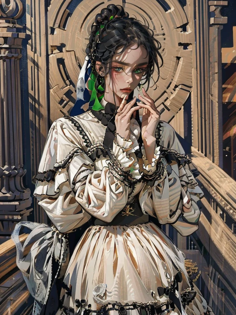 one, digital painting of a woman with her hair tied up in a bun, black hair, green eyes, young noblewoman from the 1800s , calm face, looks down, dark red dress, closed beautiful dress, thin decorations on the head around the hair, in the garden, PORTRAIT STYLE, looking away, ((crook in the nose, long aquiline nose))