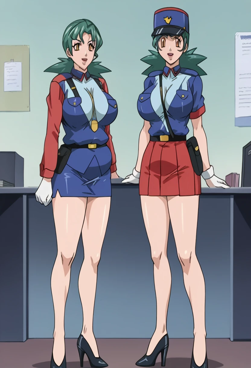 score_9, score_8_up, source_anime Bibl3, milf, jenny (pokemon), green hair, huge breasts, wide hips, viewed from front, standing in office, vacant smile, staring at viewer, pregnant, open mouth, looking at viewer, empty eyes, exposed pregnant belly, slutty police uniform, belt, pencil skirt, short skirt, pleated skirt, white gloves, high heels, skimpy outfit, bimbo, full lips, vivid lips, detailed eyes, detailed face, pretty woman, morning