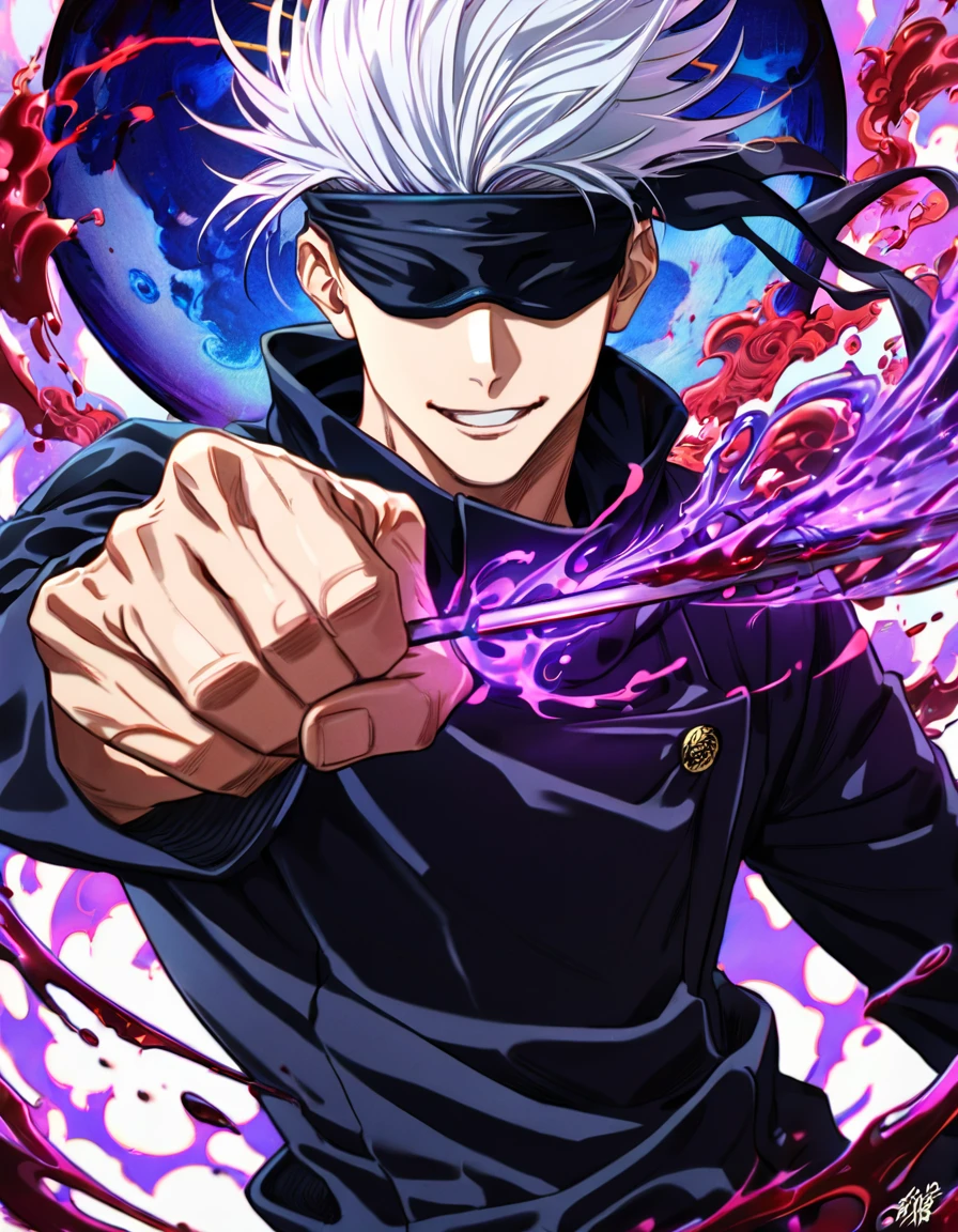 absurdres, highres, ultra detailed, HDR, master piece, Gojou Satoru, white hair, blindfolded eyes, black shirt, Jujutsu Kaisen, man, handsome, best quality, blue moon, magical, solo, water Jujutsu Kaisen uniform, handsome smile, purple aura, fight pose, dynamic positon, bloodshed background