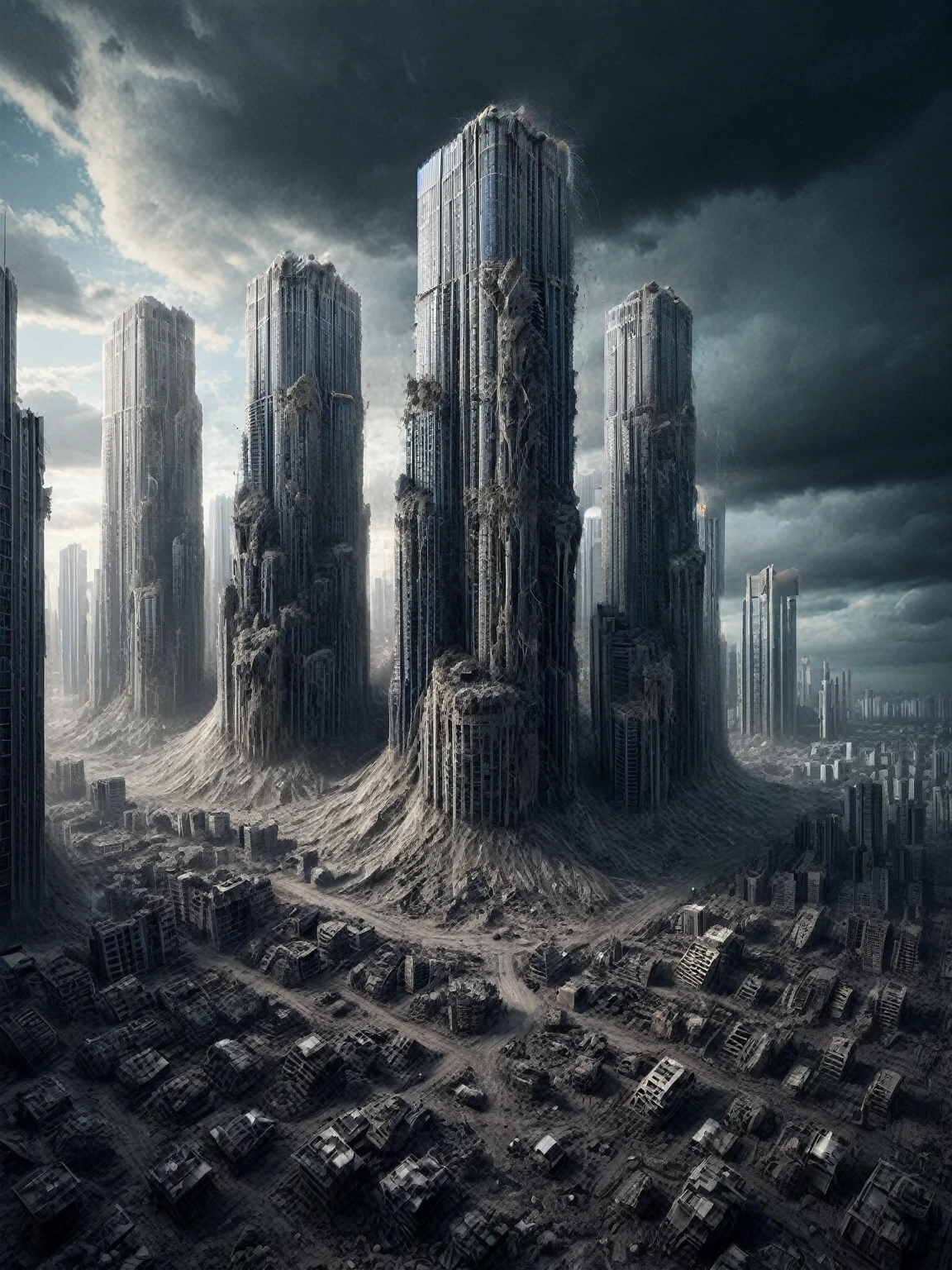 In the desolate ruins of a once bustling metropolis, ais-buriedz skyscrapers emerge like the skeletons of a forgotten civilization under a stormy sky, with the echoes of the past whispering in the wind 