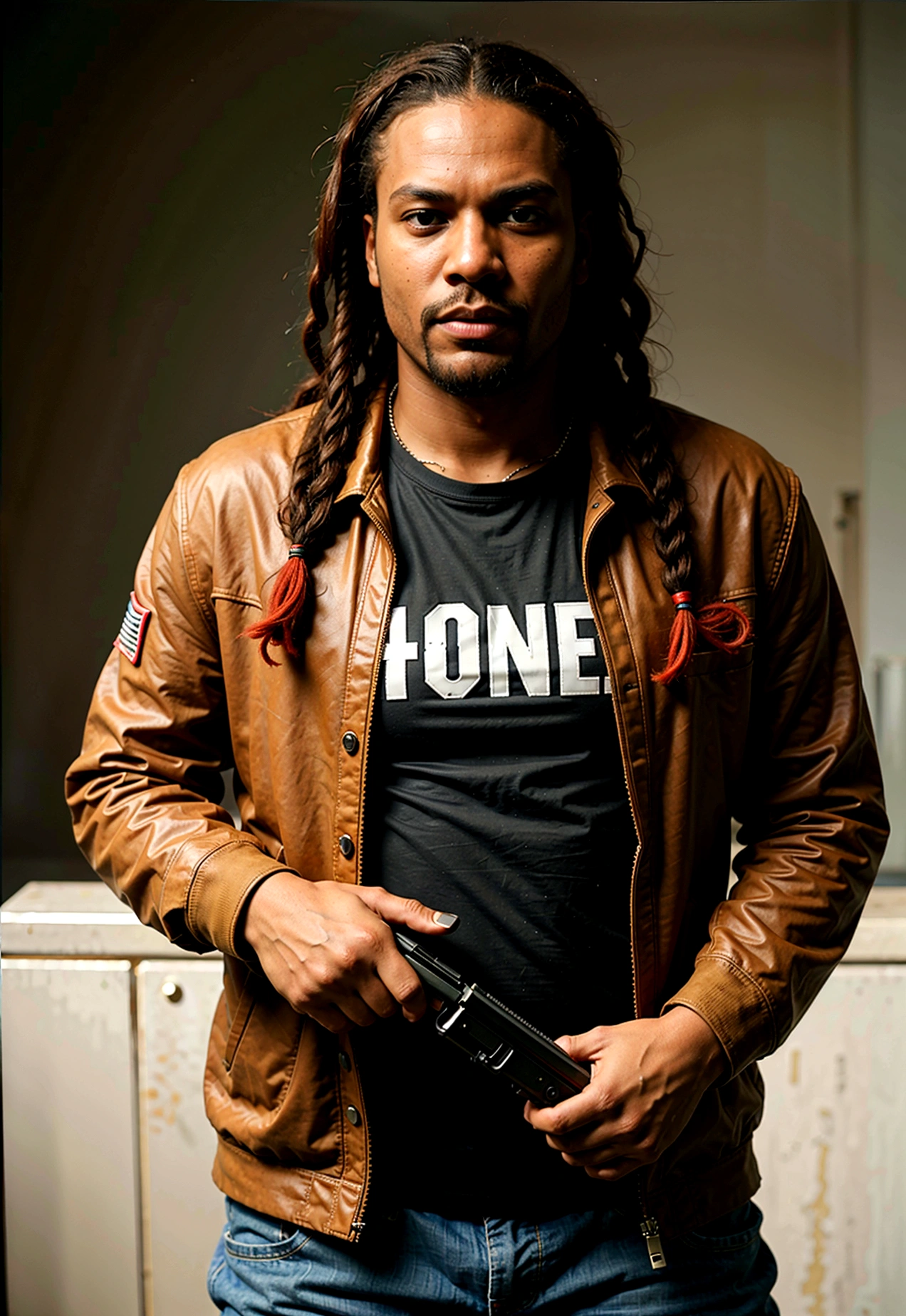 A tall black man with red dreadlocks and a red beard, from a gang, stands with a gun in his hand, gta 5 game style