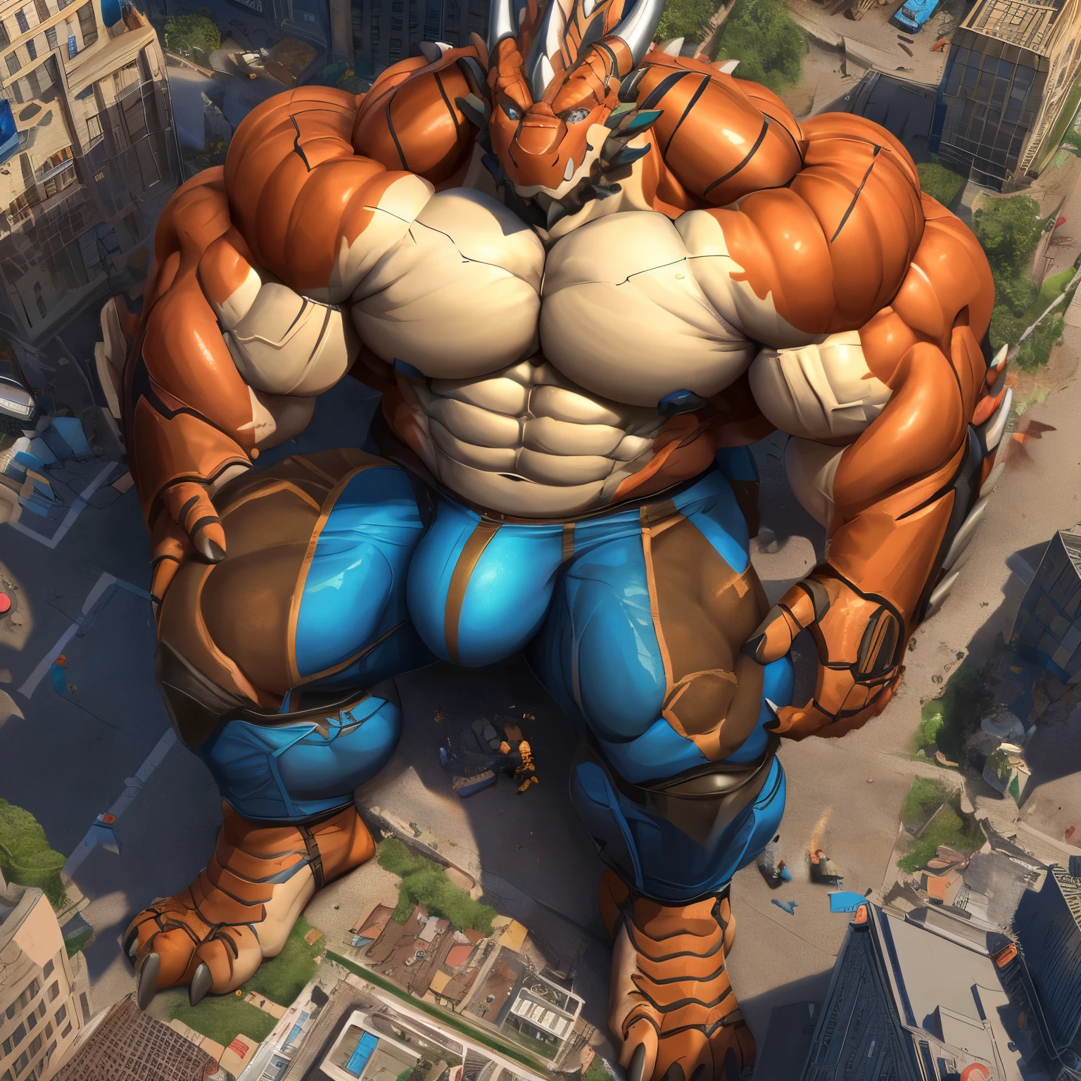 The as big as a mountain Exoskeleton Dragon in the small street,Exoskeleton Dragon(massive:6.0,Big Muscle:1.5),macro,big bulge,Emphasize huge size,Stepping on the ruins,Stepping on the collapse bus,background((destroyed,the collapse buildings,the collapse bus,Sparks)),high angle perspective