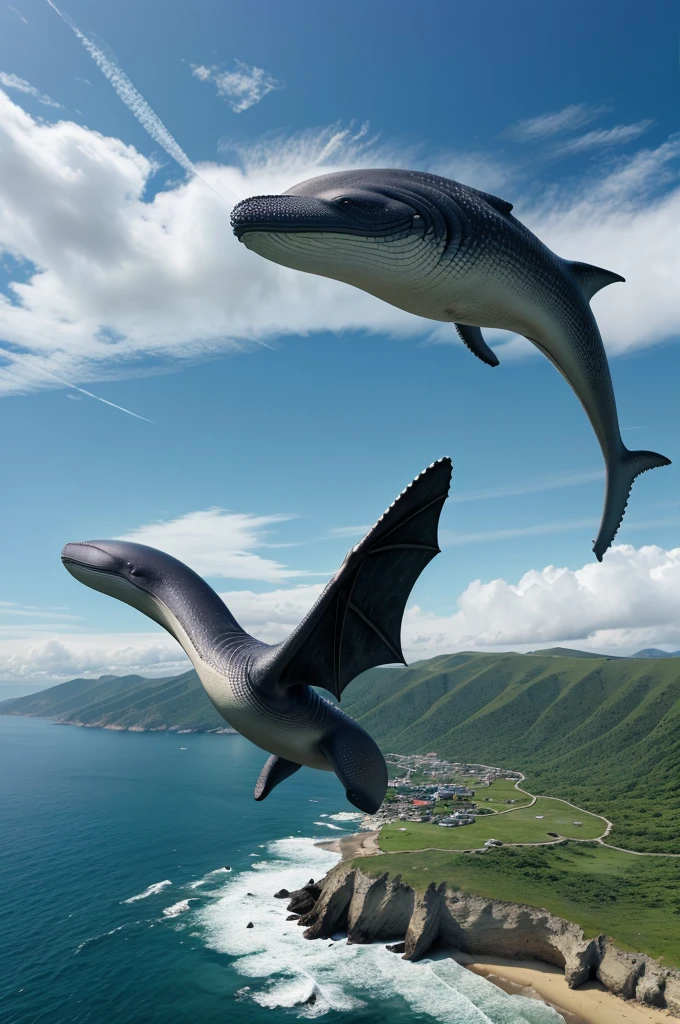 Create a landscape, ina fantasy country called Athelgard, a guy who can manipulate ions standing and watching the horizon of the medieval kingdom of Athelgard few dragon like creatures flying in a distance, wide view, 4k ultra HD, a whale in a distance jumping high up in sky near a Water temple...