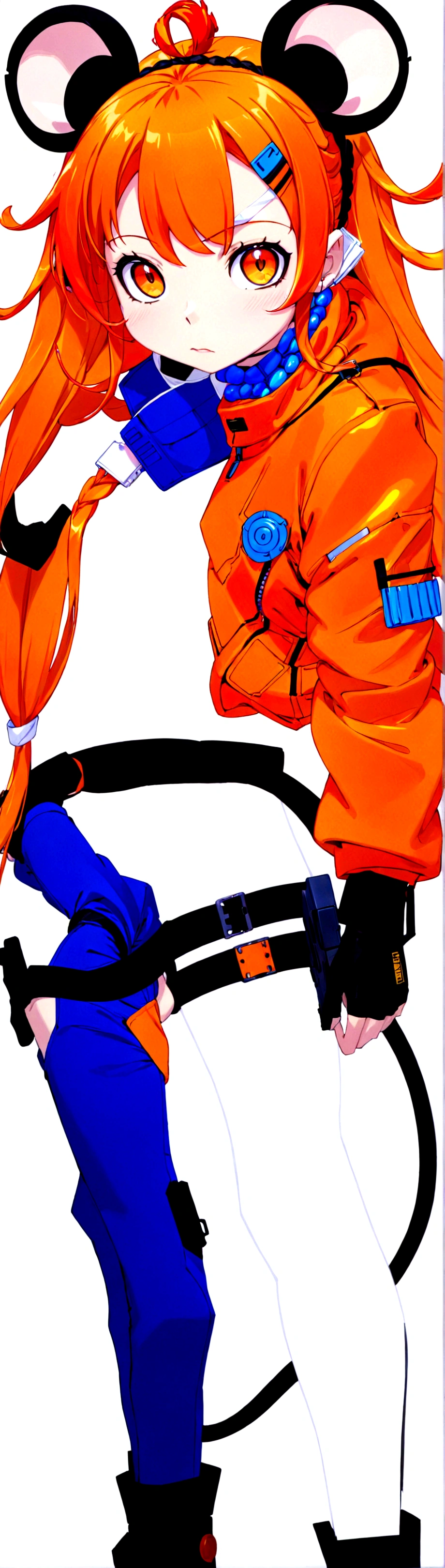 (1girl, standing) short, thin, tiny, small, young, light brown skin girl, egyptian, mouse ears, mouse tail, flame accents, white body suit, white full bodysuit with blue accents, cyberpunk tech suit, long hair, dark orange hair, white head scarf, blue and orange hair beads, cropped jacket, orange jacket, black utility belt with huge black pouches on hips, tech belt, giant hip saddlebags, big eyes, head bandana, turtle neck bodysuit, hair accessories, small braids in hair, hair half up half down, hair stripes, head jewelry, techwear, fire patches, bandages, large ears, glove, fingerless asymmetrical glove, wrapped hands, safety goggles around neck, black straps, fire theme, gun, flaming mouse tail, jacket patches, , Gun holster on hip, black utility belt, blue design on bodysuit only, actual mouse ears, techwear jacket, cropped jacket, orange slightly torn jacket, blue head wrap, small braid in long hair, bomb jacket, military girl