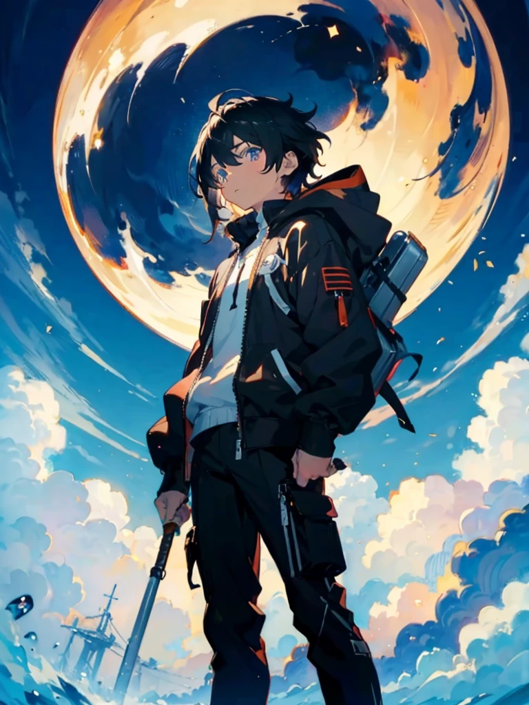 anime boy, {best quality}, {{masterpiece}}, {highres}, extremely detailed boy, solo, sharp focus,{{{{{{flower shop}}}}}}, {{cinematiclighting}}, {{{character{{{1 boy}}}}}}, solo, puffy black hoodie, loose high-neck, turtle-neck, ziper from the neck to the chest, black cargo pants with white details, standing 1/3 view, bored neutral face, closed mouth, beautiful detailed eyes, heterochromia, {white eye} on left, black eye on right, jewel-like eyes, {{{{{{{{empty eyes}}}}}}}, {{{{{sharp focus}}}}}, {{{{{masterpiece illustration}}}}}, {{{{medium shot}}}}, shiny hair, {{{{{{{{{{{{{medium hair}}}}}}}}}}}}}, {{{{{{{{{two-tone hair}}}}}}}}}, white hair: 50 right, blackhair: 50 left, hair between eyes, yin and yang, genshin impact, {{{{{{cloudy}}}}}}, Black-eyed Susan flower field, {{cloud}}, holding scale of justice around belly height, human sized hammer standing upside down besides, camera angle from the side, sideway camera angle