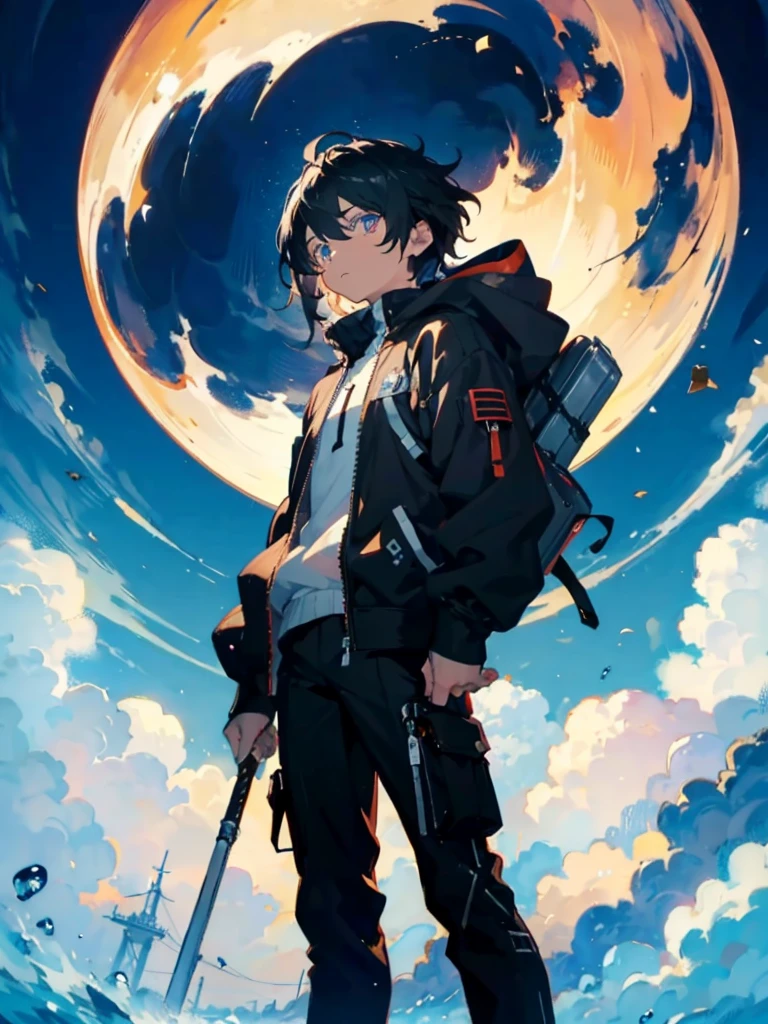 anime boy, {best quality}, {{masterpiece}}, {highres}, extremely detailed boy, solo, sharp focus,{{{{{{flower shop}}}}}}, {{cinematiclighting}}, {{{character{{{1 boy}}}}}}, solo, puffy black hoodie, loose high-neck, turtle-neck, ziper from the neck to the chest, black cargo pants with white details, standing 1/3 view, bored neutral face, closed mouth, beautiful detailed eyes, heterochromia, {white eye} on left, black eye on right, jewel-like eyes, {{{{{{{{empty eyes}}}}}}}, {{{{{sharp focus}}}}}, {{{{{masterpiece illustration}}}}}, {{{{medium shot}}}}, shiny hair, {{{{{{{{{{{{{medium hair}}}}}}}}}}}}}, {{{{{{{{{two-tone hair}}}}}}}}}, white hair: 50 right, blackhair: 50 left, hair between eyes, yin and yang, genshin impact, {{{{{{cloudy}}}}}}, Black-eyed Susan flower field, {{cloud}}, holding scale of justice around belly height, human sized hammer standing upside down besides, camera angle from the side, sideway camera angle