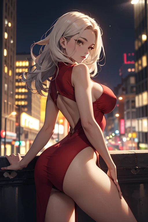 masterpiece, best quality, shadows, dynamic angle, front view, perfect hands, perfect legs, perfect anatomy, pretty face, mature features, 1 girl, 21 years old, mature woman, sexy red dress, city night background, white long hair, thighs, ass, breast, seductive, spicy, posing, cinematography lights,