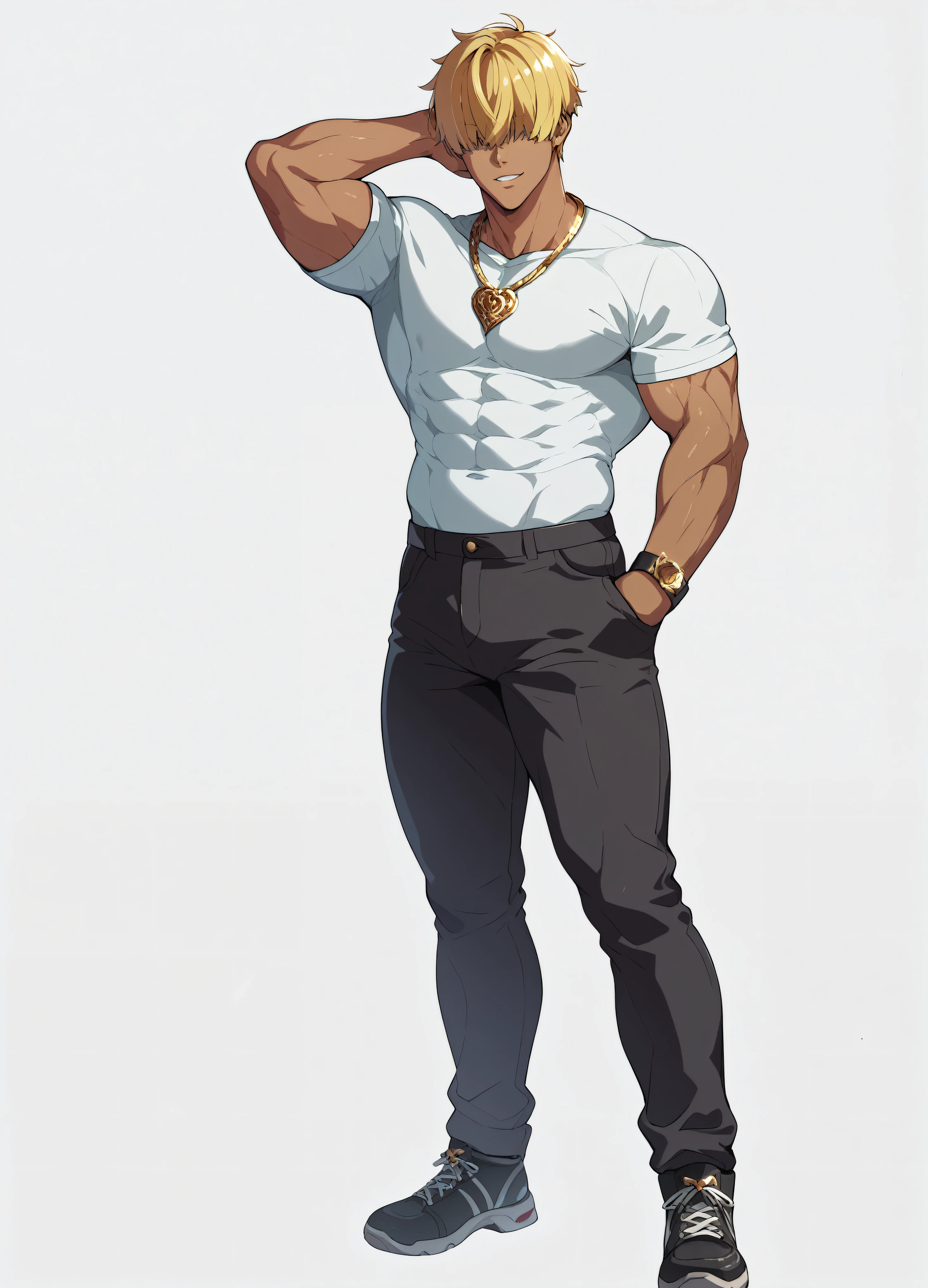 Blonde、Detailed illustrations、Ultra-precise expression、masterpiece、Highest quality、ultra High resolution、High resolution、Hiromitsu Takeda Style、White background、Simple Background、stand、whole body、1 young man、Brown Skin、hair over eyes、solo、Bad look、Black Hair、Muscular、stand、White clothes、Black pants、Gold Necklace、Black shoes、Red mark on the back of the right hand、One arm behind head、