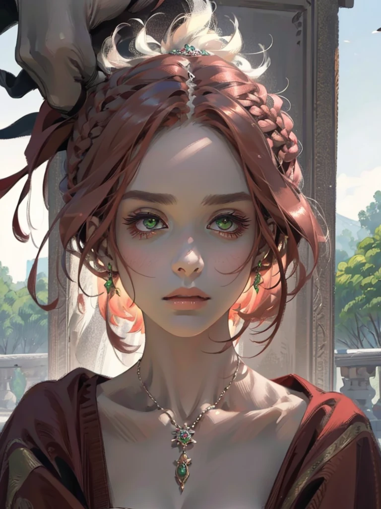 one, digital painting of a woman with her hair tied up in a bun, Brown red hair, green eyes, young noblewoman from the 1800s , calm face, looks down, dark red dress, closed beautiful dress, decorations on the head around the hair, in the garden, PORTRAIT STYLE, looking away, ((crook in the nose, long aquiline nose))