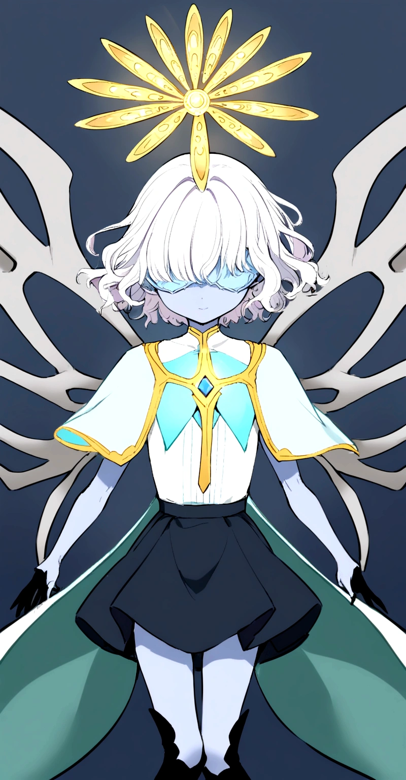 Angel light blue skin short wavy white hair with bangs that cover the eyes skeletal wings