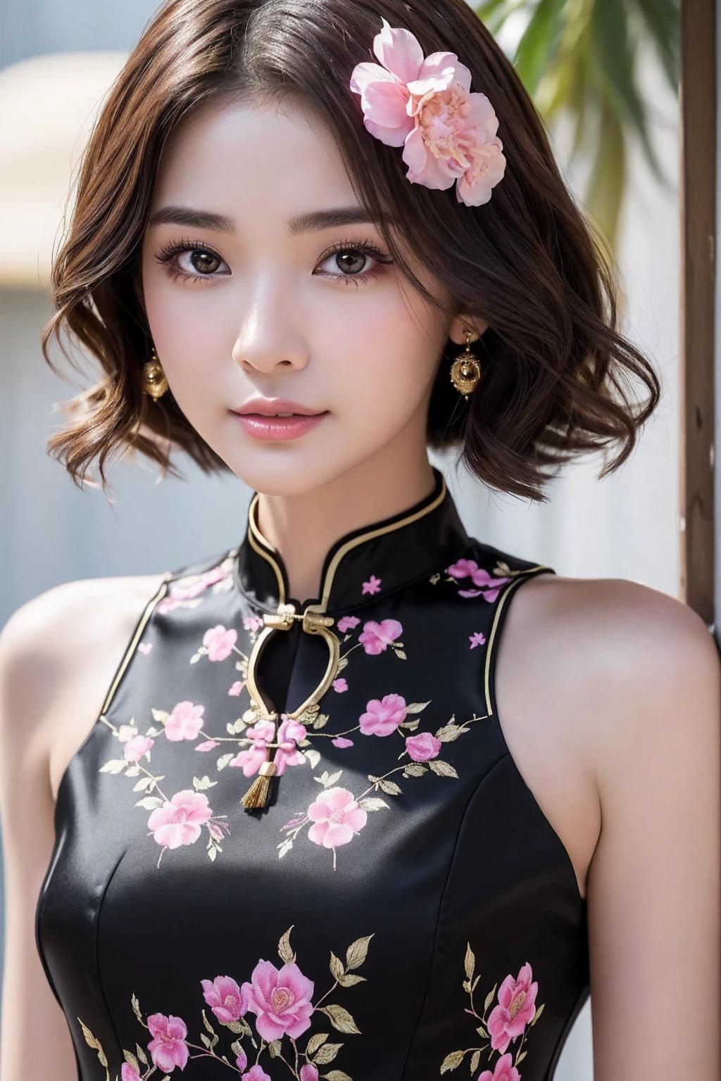 (best quality、4k、8k、highreasterpiece:1.2)、ultra detailed、(realism、photorealistic)、(1woman:1.3 22-year-old)、brown_eyes、((Fujicolor、daytime soft lighting)、fashion supermodel、(ultra detailed: short curly hair)、(pink_makeup)、(Classic and sexy black cheongsam、 Detailed decoration:1.3)、(Fitted clothing:1.3)、dynamic pose、((close-up of her face: 1.33))
