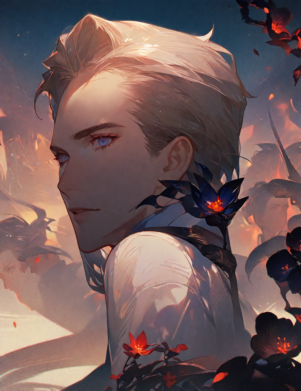 close-up of a man in a suit with a flower in his hand, gentle androgynous prince, Edmund Blair and Charlie Bowater, beautiful androgynous prince, Heise Jinyao, handsome guy in demon slayer art, sage ( assessing ), character art close up, Portrait of Adam Jensen, avatar image, omen from assessing, Discord profile picture