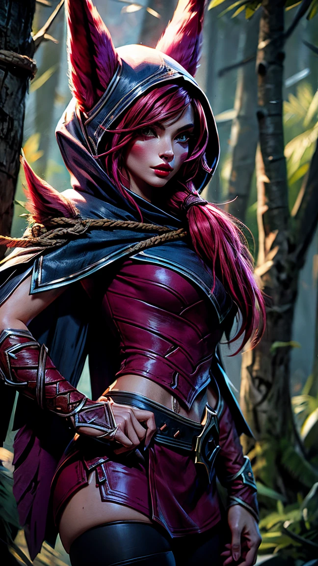 1 girl, afterimage, rote Haar, breasts, pull clothes, Animal ears, (xayah Hoodie), (xayah Cape), Cowboy-shot, contrasting sleeves, looking down at viewer, Head out of frame, xayah (League of Legends), lips, Long hair, medium breasts, alone, tight attire, tight Hose