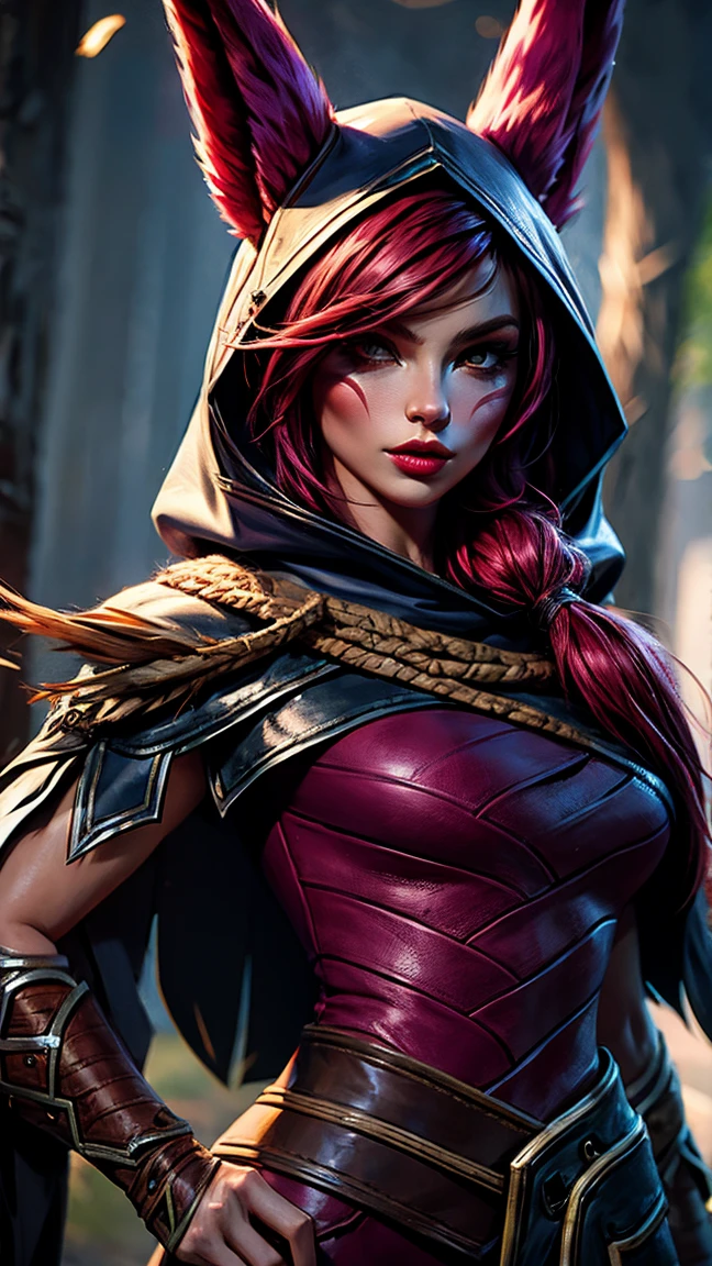 1 girl, afterimage, rote Haar, breasts, pull clothes, Animal ears, (xayah Hoodie), (xayah Cape), Cowboy-shot, contrasting sleeves, looking down at viewer, Head out of frame, xayah (League of Legends), lips, Long hair, medium breasts, alone, tight attire, tight Hose