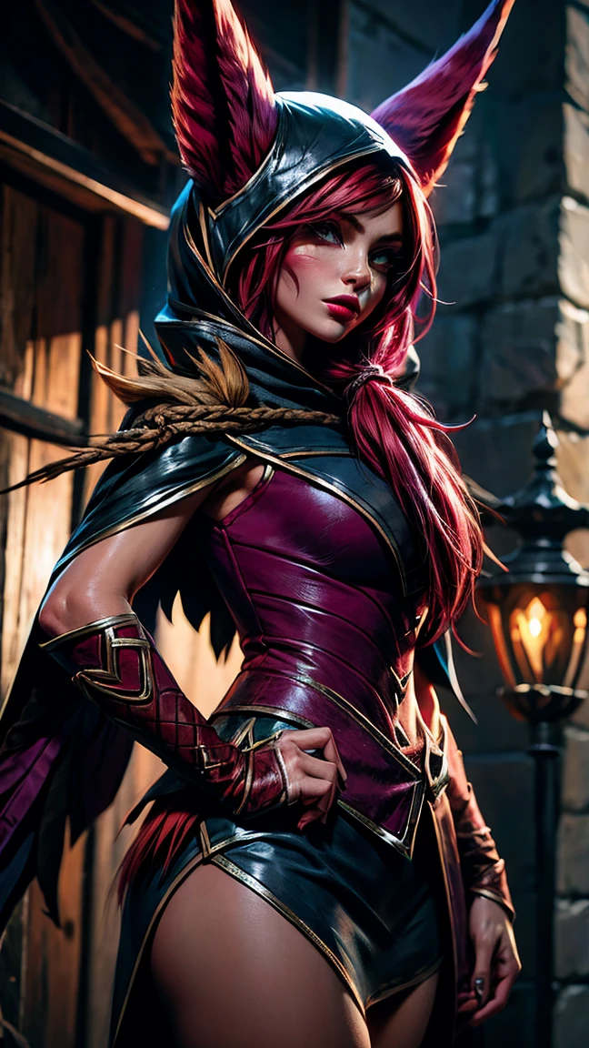 1 girl, afterimage, rote Haar, breasts, pull clothes, Animal ears, (xayah Hoodie), (xayah Cape), Cowboy-shot, contrasting sleeves, looking down at viewer, Head out of frame, xayah (League of Legends), lips, Long hair, medium breasts, alone, tight attire, tight Hose