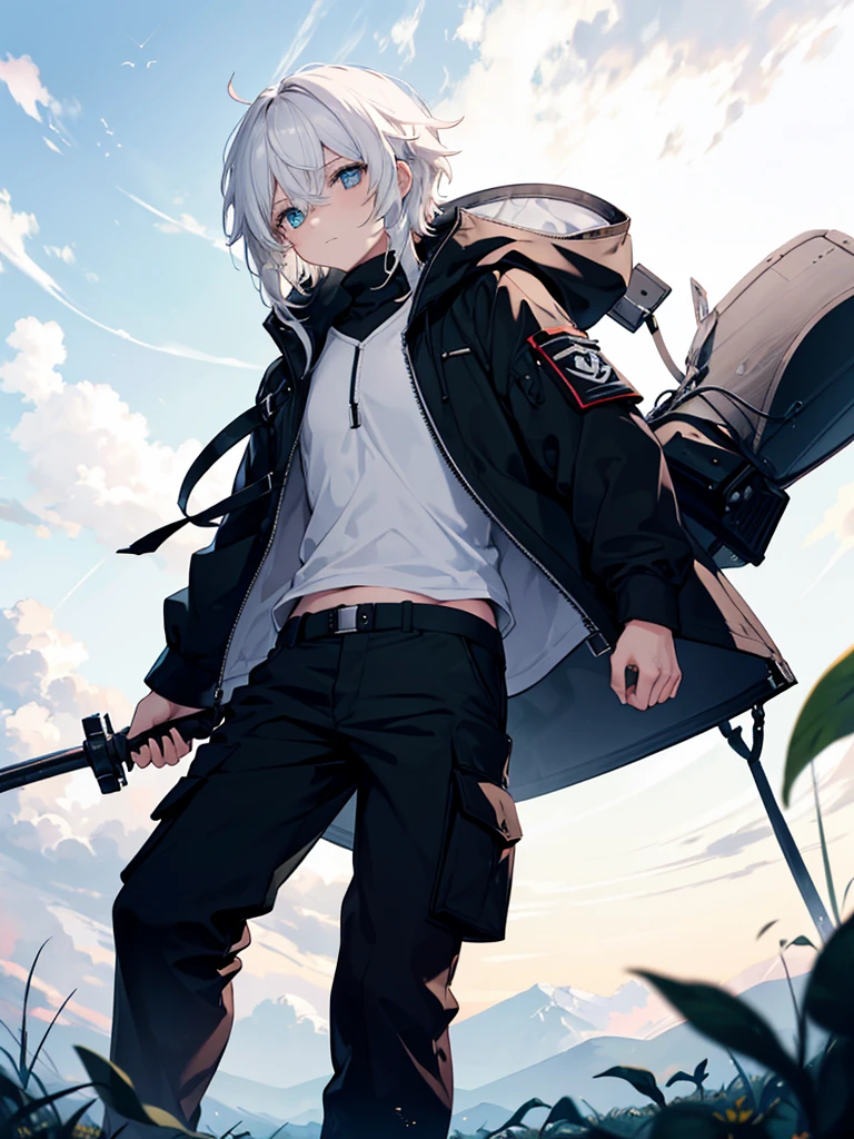 anime boy, {best quality}, {{masterpiece}}, {highres}, extremely detailed boy, solo, sharp focus,{{{{{{flower shop}}}}}}, {{cinematiclighting}}, {{{character{{{1 boy}}}}}}, solo, puffy black hoodie, loose high-neck, turtle-neck, ziper from the neck to the chest, black cargo pants with white details, standing 1/3 view, bored neutral face, closed mouth, beautiful detailed eyes, heterochromia, {white eye} on left, black eye on right, jewel-like eyes, {{{{{{{{empty eyes}}}}}}}, {{{{{sharp focus}}}}}, {{{{{masterpiece illustration}}}}}, {{{{medium shot}}}}, shiny hair, {{{{{{{{{{{{{medium hair}}}}}}}}}}}}}, {{{{{{{{{two-tone hair}}}}}}}}}, white hair: 50 right, blackhair: 50 left, hair between eyes, yin and yang, genshin impact, {{{{{{cloudy}}}}}}, Black-eyed Susan flower field, {{cloud}}, holding scale of justice around belly height, human sized hammer standing upside down besides, camera angle from the side, sideway camera angle