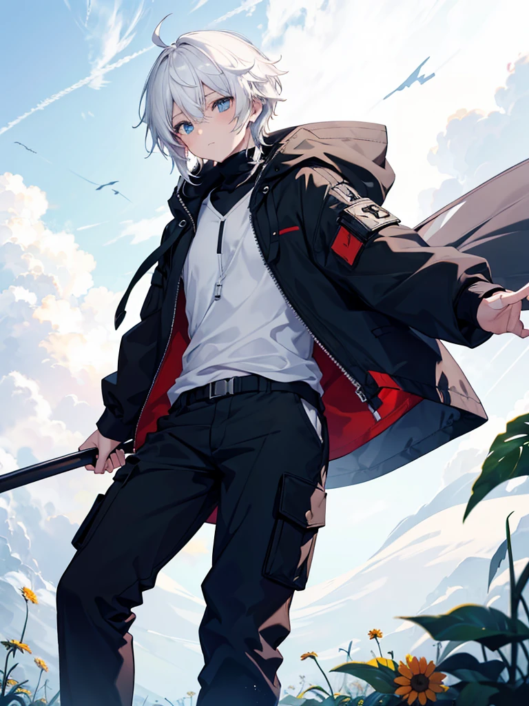 anime boy, {best quality}, {{masterpiece}}, {highres}, extremely detailed boy, solo, sharp focus,{{{{{{flower shop}}}}}}, {{cinematiclighting}}, {{{character{{{1 boy}}}}}}, solo, puffy black hoodie, loose high-neck, turtle-neck, ziper from the neck to the chest, black cargo pants with white details, standing 1/3 view, bored neutral face, closed mouth, beautiful detailed eyes, heterochromia, {white eye} on left, black eye on right, jewel-like eyes, {{{{{{{{empty eyes}}}}}}}, {{{{{sharp focus}}}}}, {{{{{masterpiece illustration}}}}}, {{{{medium shot}}}}, shiny hair, {{{{{{{{{{{{{medium hair}}}}}}}}}}}}}, {{{{{{{{{two-tone hair}}}}}}}}}, white hair: 50 right, blackhair: 50 left, hair between eyes, yin and yang, genshin impact, {{{{{{cloudy}}}}}}, Black-eyed Susan flower field, {{cloud}}, holding scale of justice around belly height, human sized hammer standing upside down besides, camera angle from the side, sideway camera angle