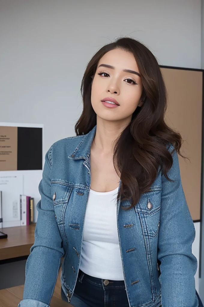 masterpiece, best quality, Poki_Mane woman, wearing a denim jacket, sexy, leaning on a desk, extremely detailed, intricate detail, fine detail, careful detail, up close portrait, masterpiece, best quality, ultra-detailed, bottomless