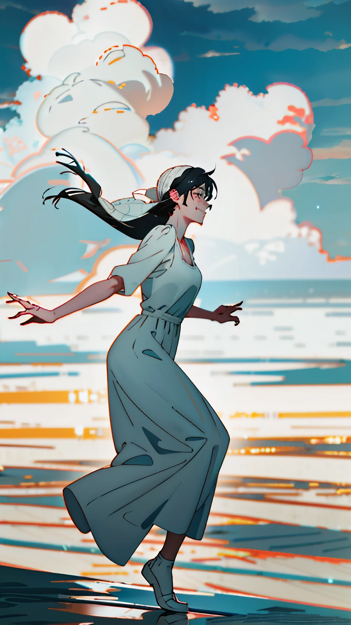 masterpiece, Highest quality, High Definition, High Resolution, single, alone, blue sky、Cumulonimbus、profile、Long Hair、Black Hair、fatigue、smile、Smile、Bitter smile、Small beautiful breasts、Uplifting、White Dress、Dancing、Cleavage, Bouncing、Sweaty, Dance、drenched,Dynamic Posing、 Drops running down my feet, Extra inseam, Three-dimensional feeling of body parts, Realistic skin texture, White skin, Drizzling