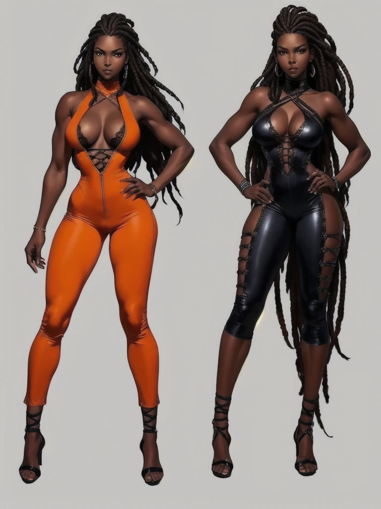 ((best quality)), ((4k)), ((highres)), ((masterpiece:1.2)). ((detailed)), ((ultra realistic)), ((intricate details)), ((full body picture)), ((character design sheet)), a full body picture of a beautifull Ebony skinned female, black woman, dark skin, ebony princess, ebony model, perfect face, detailed eyes, detailed lips, posing with her arms above her head, ((arms above her head)), about 25 years old, about 5'7 ft. tall, long thin dreadlocks down to her hips, ((emphasis on her long thin dreadlocks down to her hips)), pretty, feminine woman, toned body but not too muscular looking, hourglass figure, dressed in a skin-tight sleeveless full body orange jumpsuit, ((emphasis on the skin-tight sleeveless full body orange jumpsuit)), showing cleavage, glamorous, strappy lace up high, fighting game character concept art, tekken character design, the king of fighters character concept, full bofy, full body concept art, full body art