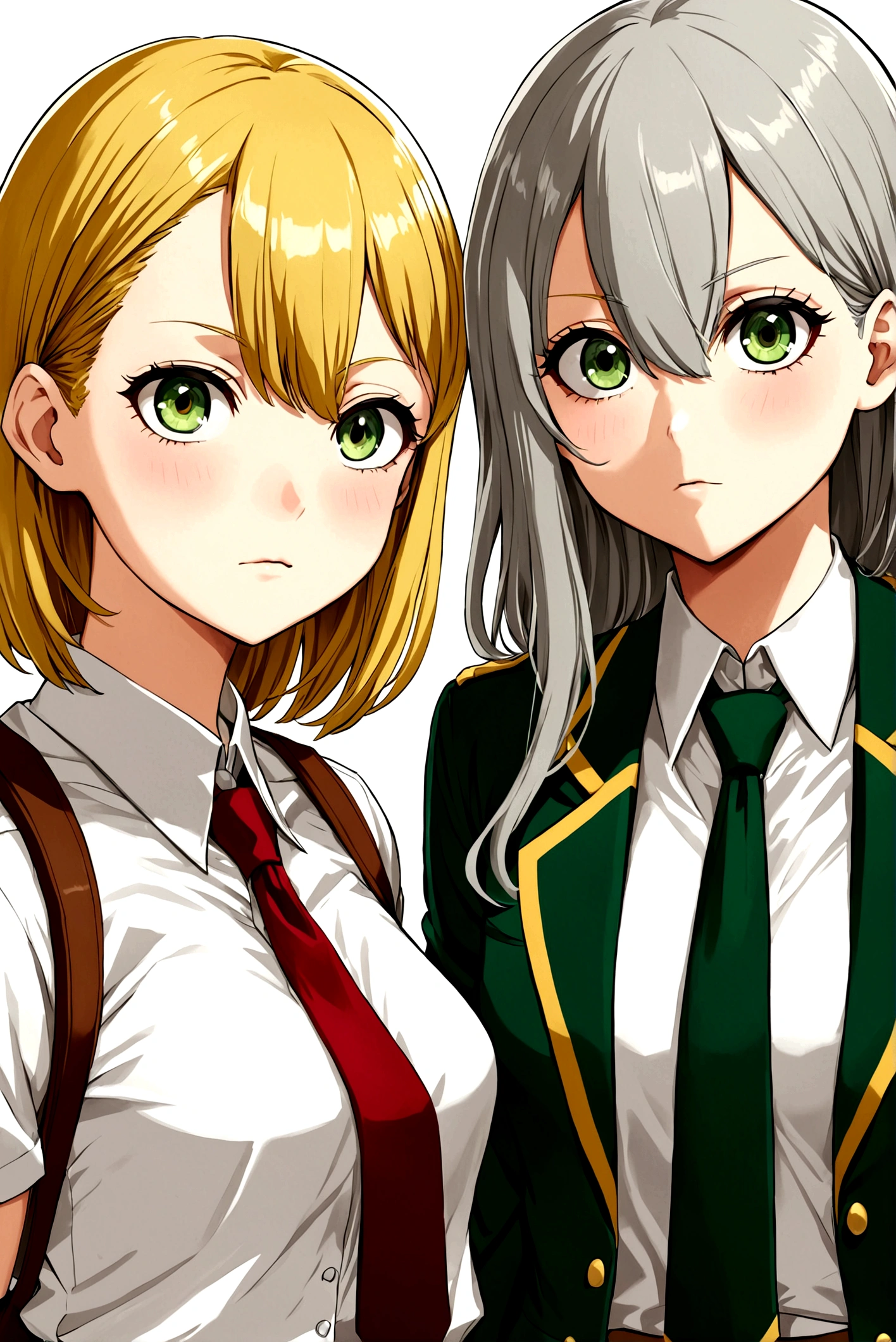 Chicas my hero academia style chicha de cabello quebrado de color castaño claro y un mechón derecho de color golden rose,medium large eyes, with a flirtatious and challenging look, Left eye color brown and right eye color golden rose, UA uniform gray jacket with green details, white shirt red tie and gray skirt with green details, view from front, my hero academia style