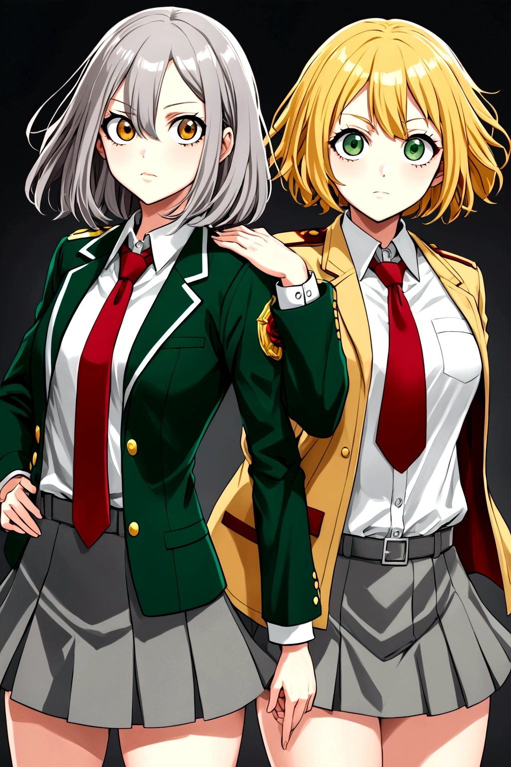 Chicas my hero academia style chicha de cabello quebrado de color castaño claro y un mechón derecho de color golden rose,medium large eyes, with a flirtatious and challenging look, Left eye color brown and right eye color golden rose, UA uniform gray jacket with green details, white shirt red tie and gray skirt with green details, view from front, my hero academia style 