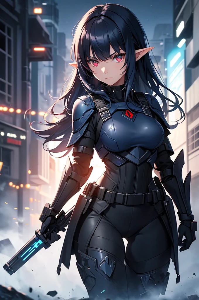 Create a high-quality image featuring an elf girl with dark navy-blue hair and straight bangs, and red eyes. She is a member of a police special forces unit, wearing black and blue body armor. She is in an aggressive pose with an aggressive expression, holding a blue glowing lightsaber. The background depicts a city inside a dome, with a black armored vehicle next to her. Emphasize that she is an elf girl.