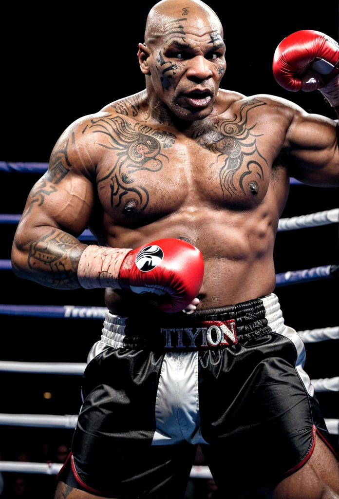 Mike Tyson as a monster ogre about to destroy an opponent in the boxing ring. Mike Tyson showing his sharp razor teeth to the opponent. His shorts should say tyson