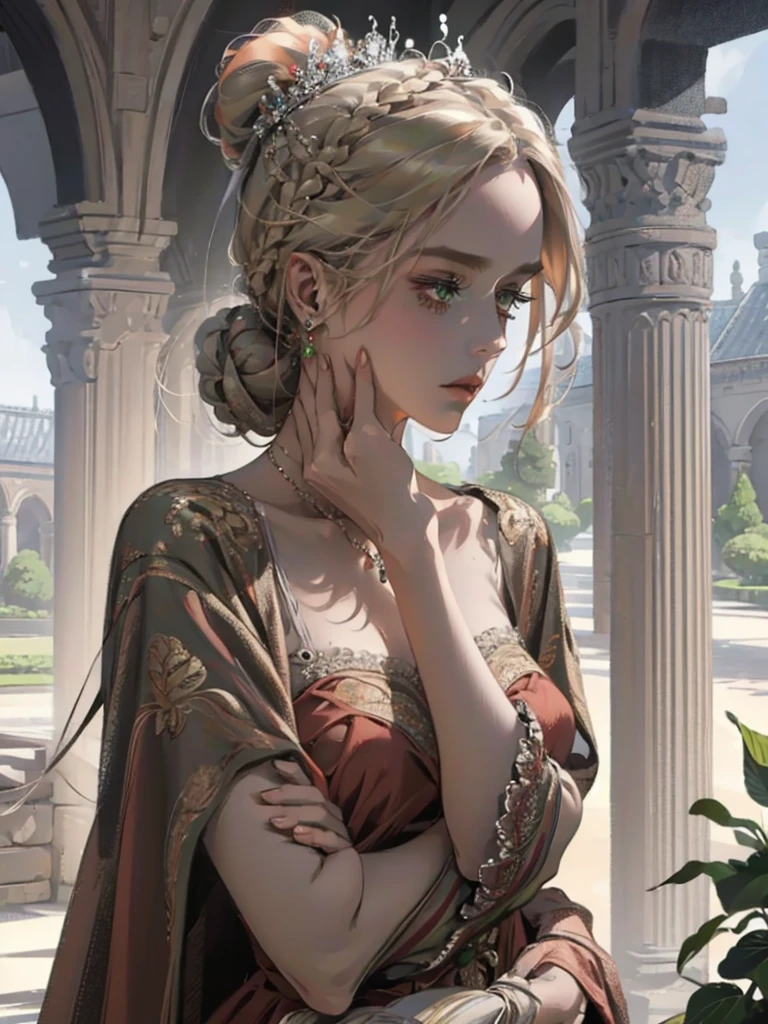 one, digital painting of a woman with her hair tied up in a bun, brown blond hair, green eyes, young noblewoman from the 1800s , calm face, looks down, dark red dress, closed beautiful dress, decorations on the head around the hair, in the garden, PORTRAIT STYLE, looking away, ((crook in the nose, long aquiline nose))
