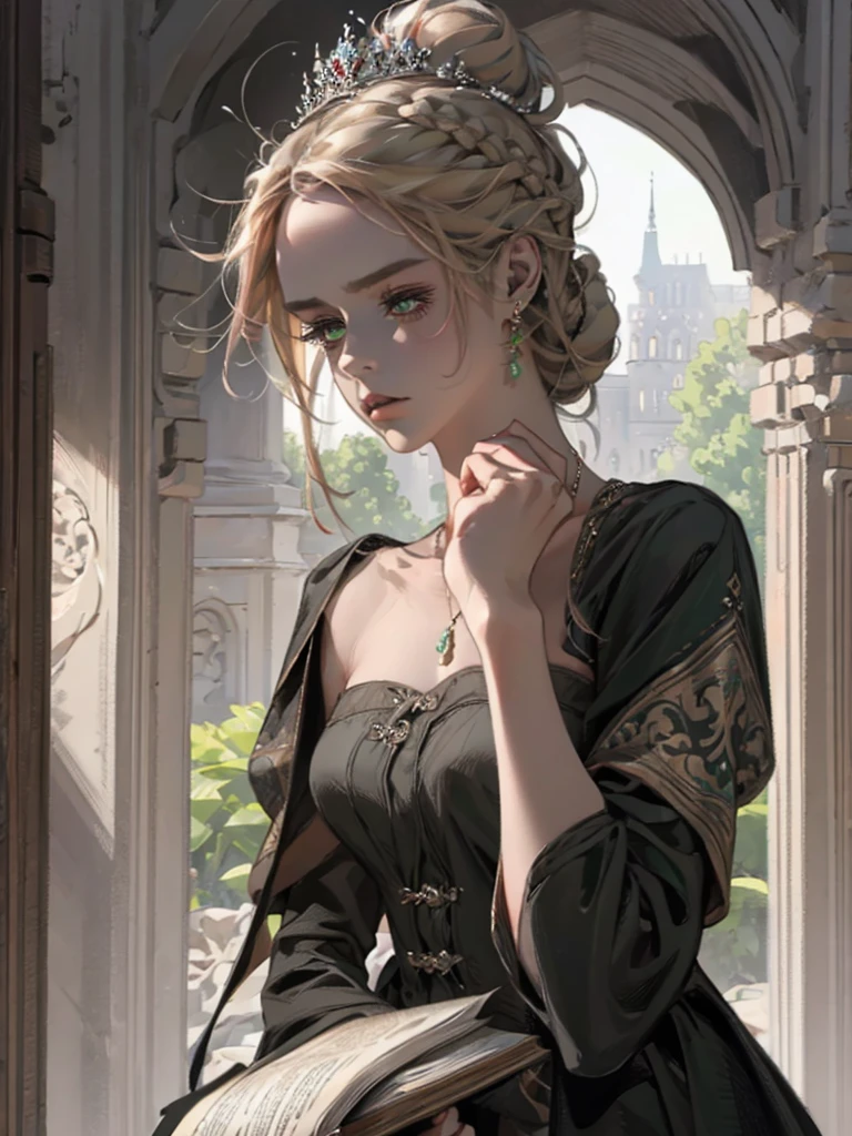 one, digital painting of a woman with her hair tied up in a bun, brown blond hair, green eyes, young noblewoman from the 1800s , calm face, looks down, dark red dress, closed beautiful dress, decorations on the head around the hair, in the garden, PORTRAIT STYLE, looking away, ((crook in the nose, long aquiline nose))