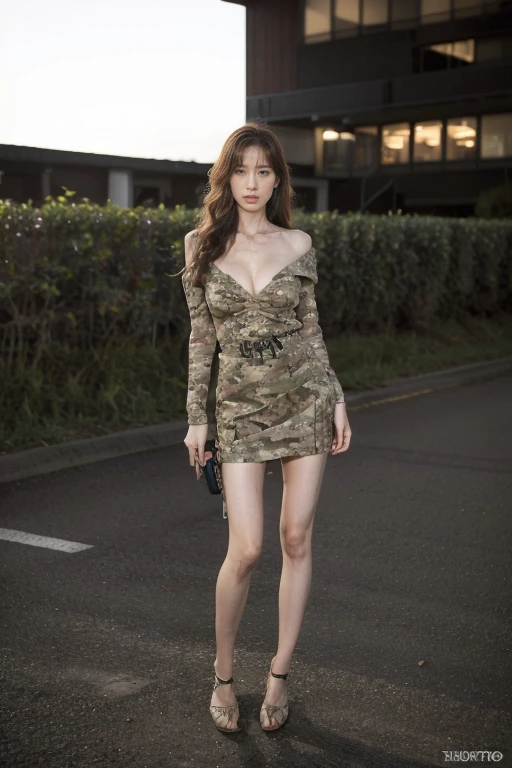 Tokyo,Night view,tense atmosphere, (original photography:1.3), (best quality), (Extremely detailed),(Messy hair),(Inspired by the 007 movie),(Real stills:1.3),Full body portrait,007 Style,1 Woman,Mature woman,Perfect body,blond hair,long golden curly hair,Very detailed face,delicate eyes,Large Breasts,((Camouflage:1.2)),armed belt,dress,Long slender legs,ribbon on thigh,Long range shooting,Long distance shooting,Injuried,pain