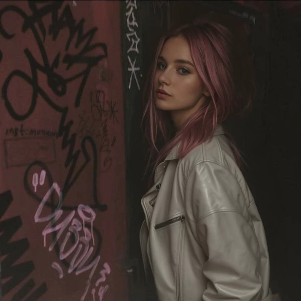 (())), 25-year-old Caucasian French girl with shoulder-length messy pink hair, adorned with , hair l . Captured in the best quality, this illustration serves as a 4K wallpaper,white black leather jacket