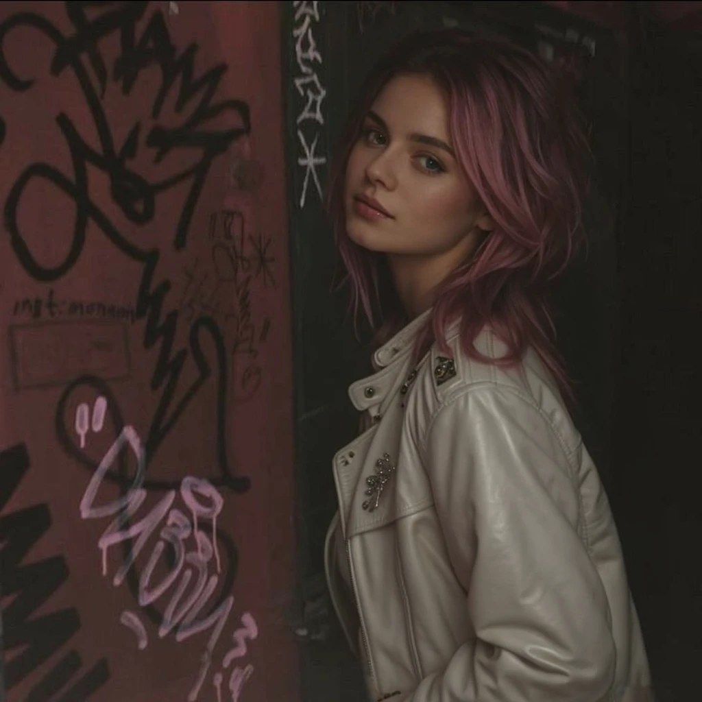 (())), 25-year-old Caucasian French girl with shoulder-length messy pink hair, adorned with , hair l . Captured in the best quality, this illustration serves as a 4K wallpaper,white black leather jacket