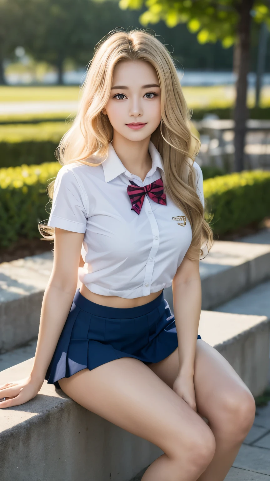 ((best quality, 8 thousand, masterpiece:1.4)), (20 year old woman), ((very small face:1.3)), (sagging breasts:1.4), Highly detailed face and skin textures, detailed eyes, Italian woman, (blonde wavy very long hair:1.3), ((beautiful body:1.3)), (slim waist), ((student uniform:1.4)), (In a spacious and comfortable school playground), bright smile, (엄청나게 sagging breasts:1.4), her legs are beautiful, knee, Leaning,