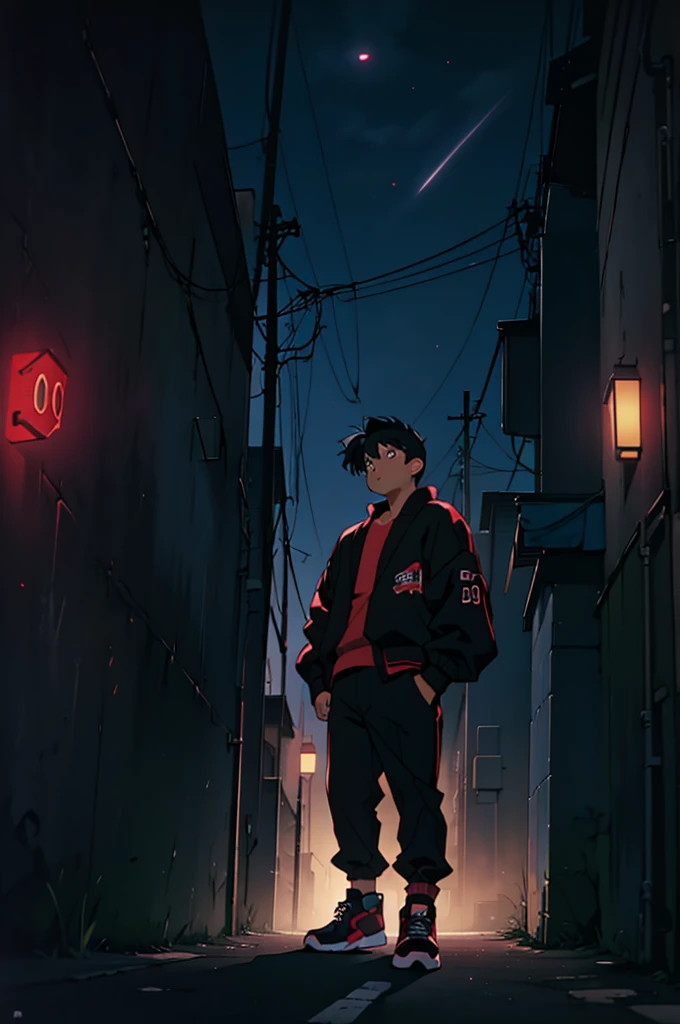 ((Artwork)), ((90s anime style)), 4k, detailed, ((Dark lighting)), 1 boy, Asian, chubby, short black hair, wearing black jacket, black pants, red sneakers, looking to the sky, city scenery at night, looking a little sad.