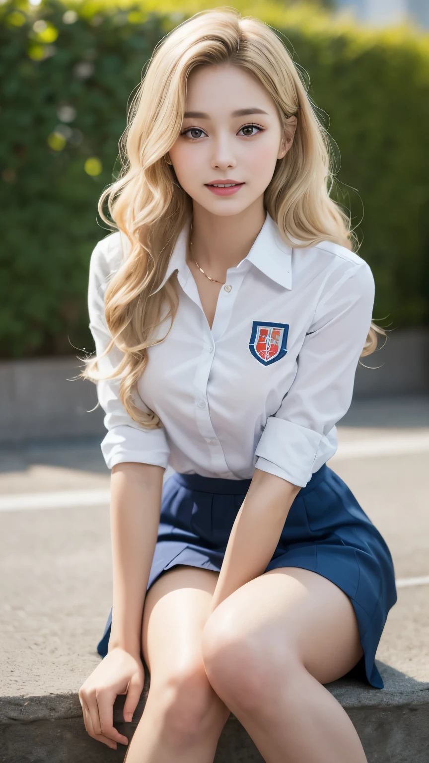 ((best quality, 8 thousand, masterpiece:1.4)), (20 year old woman), ((very small face:1.3)), (sagging breasts:1.4), Highly detailed face and skin textures, detailed eyes, Italian woman, (blonde wavy very long hair:1.3), ((beautiful body:1.3)), (slim waist), ((student uniform:1.4)), (In a spacious and comfortable school playground), bright smile, (엄청나게 sagging breasts:1.4), her legs are beautiful, knee, Leaning,