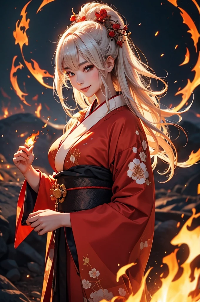 A beautiful woman in a kimono smiles as she makes a contract with a fire demon against the backdrop of a fire magic circle